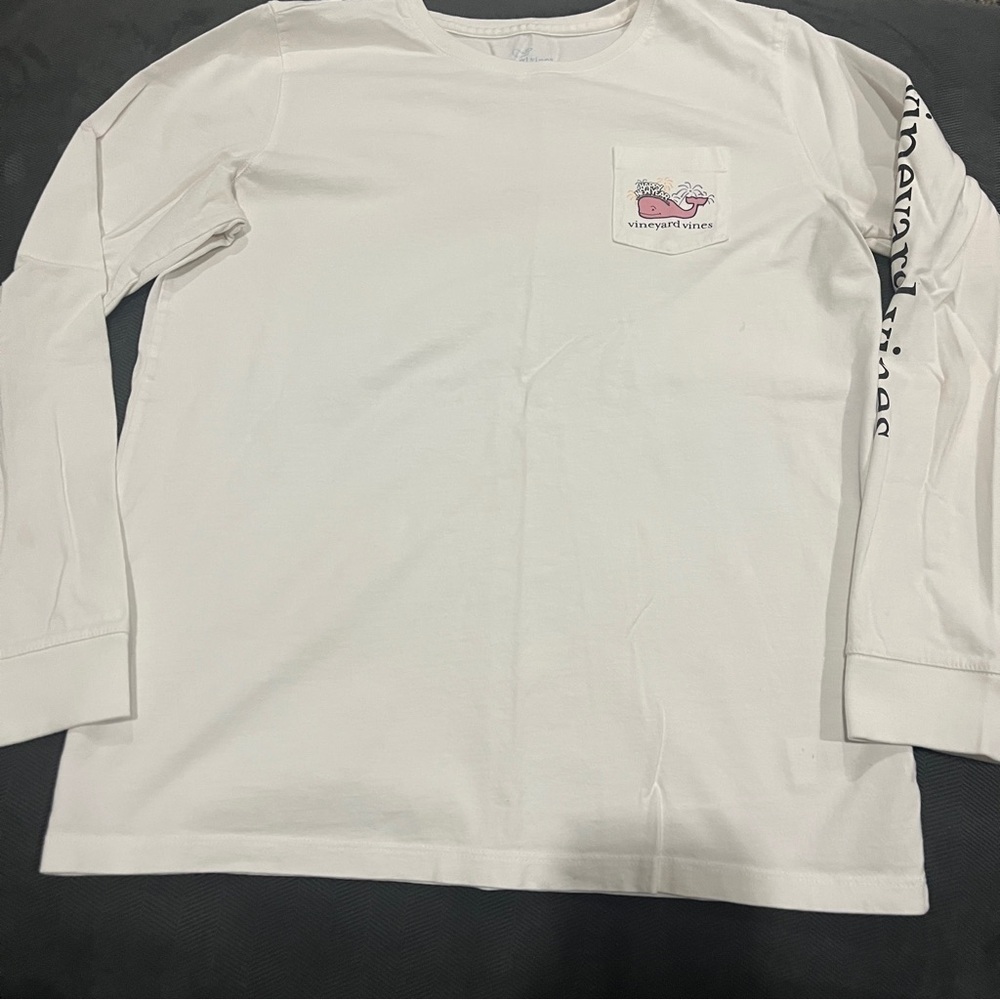 Kids Vineyard Vines White Long Sleeve Pocket Tee with Pink Whale Pocket Graphic
